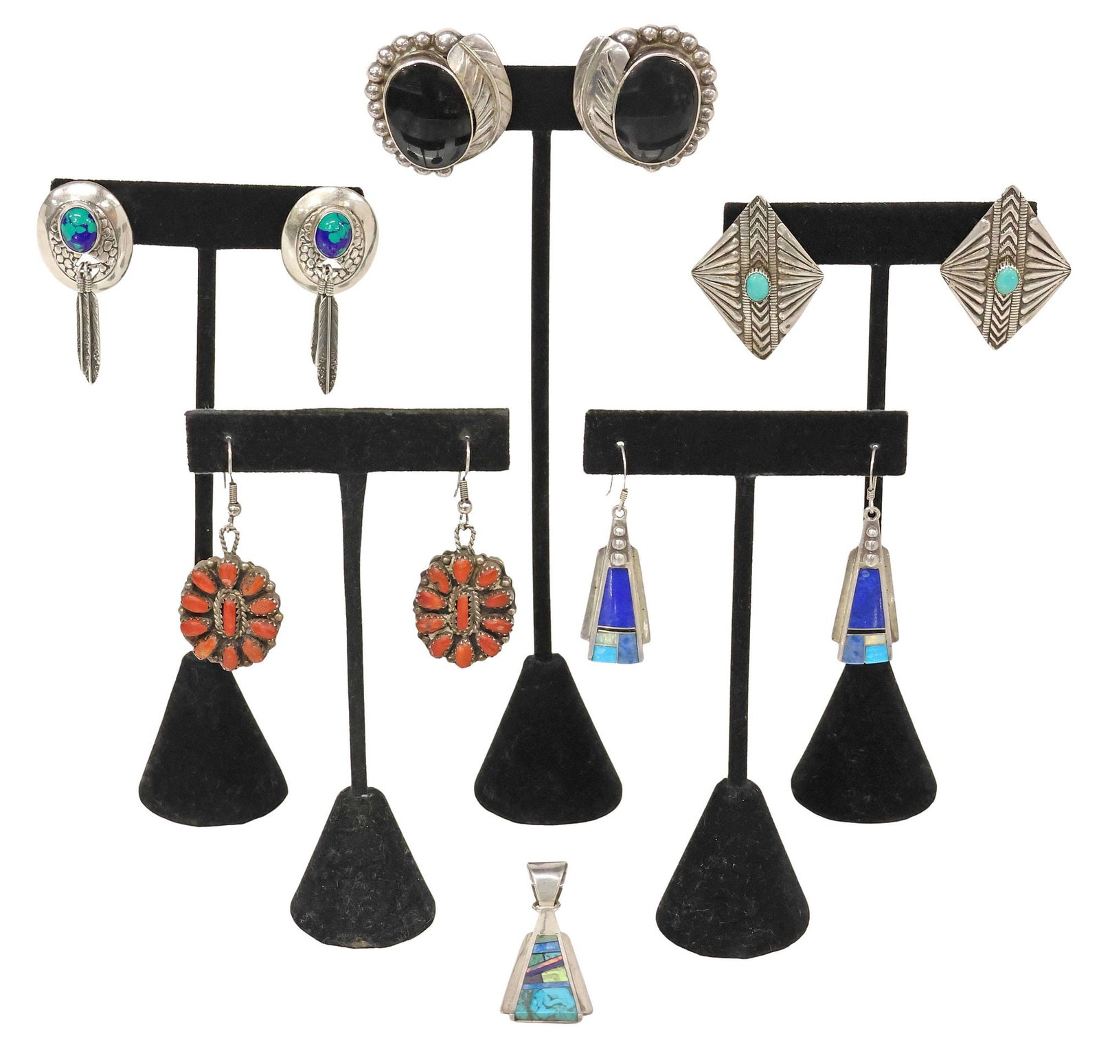 (6) NATIVE AMERICAN SILVER & GEMSTONE EARRINGS & INLAID PENDANT (1 of 11)