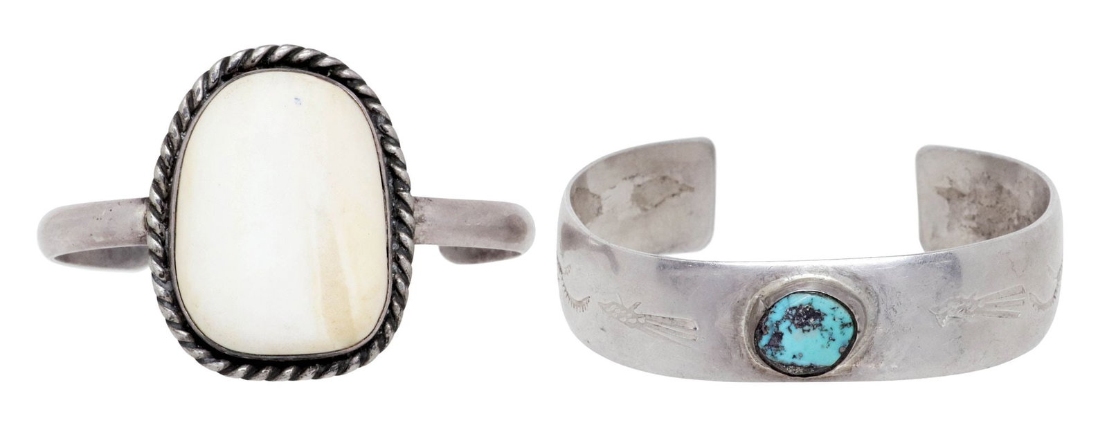 (2) NATIVE AMERICAN SILVER, TURQUOISE, & JASPER CUFF BRACELETS (1 of 5)