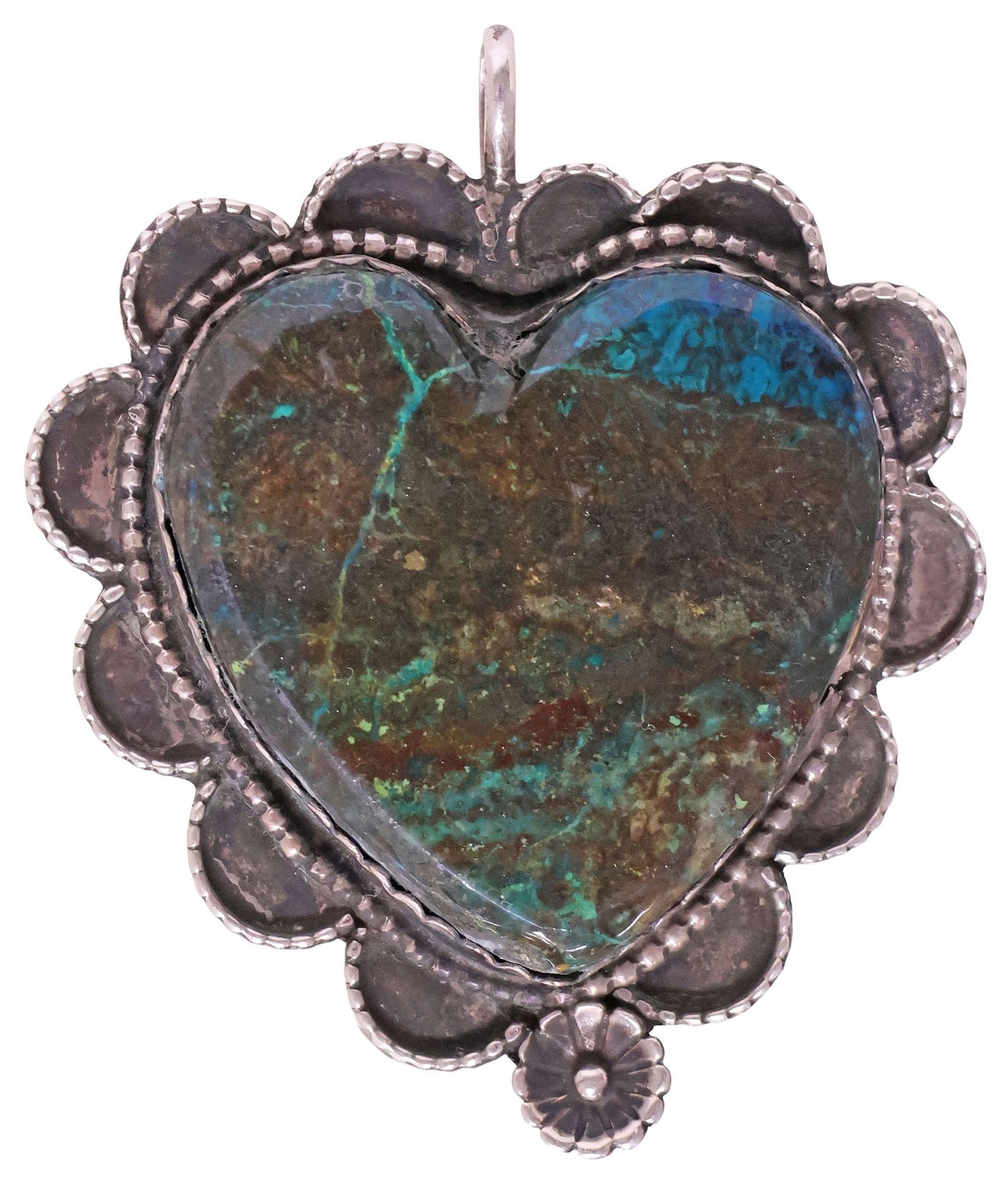 SOUTHWEST SILVER FILIGREE & VARIEGATED GEMSTONE HEART-FORM PENDANT: Southwest silver (content unknown) and gemstone pendant, heart-form variegated stone, possibly chrysocolla, with scalloped filigree surround, signed RC with arrow pictorial, approx 2.5"l, 2 1/8"w; 38.
