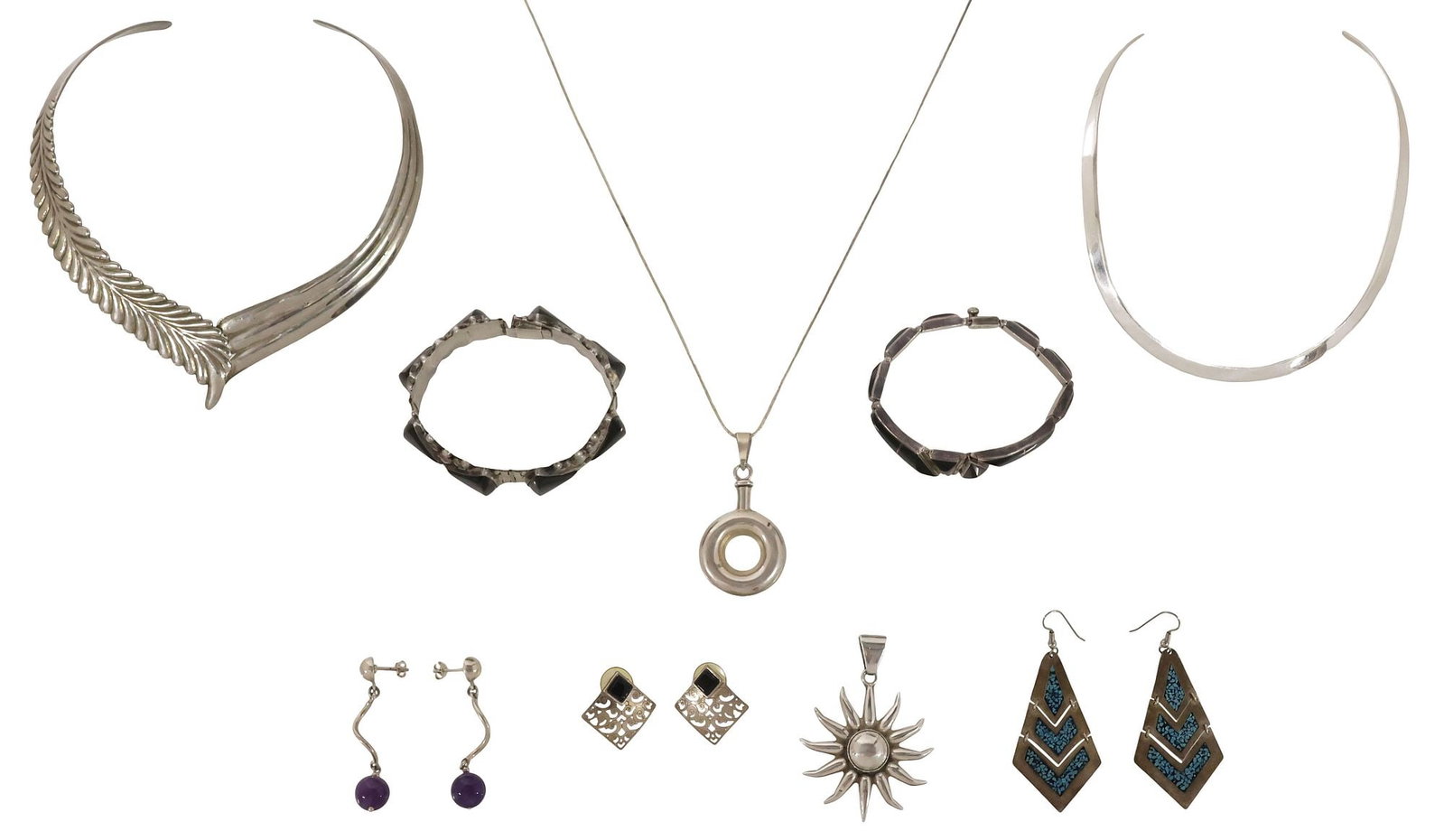 (9) MODERNIST MEXICO STERLING SILVER & GEMSTONE JEWELRY, COLLARS & EARRINGS (1 of 11)