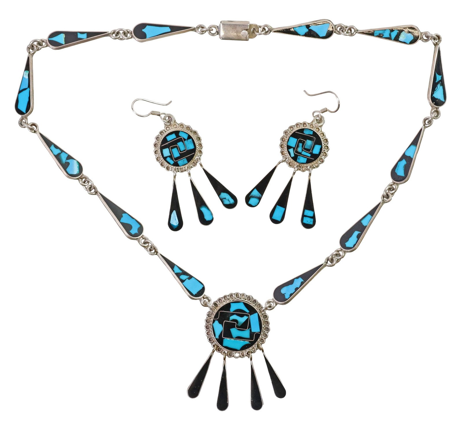 (2) TAXCO STERLING, TURQUOISE, & ONYX MOSAIC INLAID NECKLACE & EARRINGS: (lot of 2) Estate sterling silver and gemstone-inlaid jewelry suite, with black onyx and turquoise mosaic inlay in the form of an Aztec shield, wire filigree accents and teardrop dangles, hallmarked 9