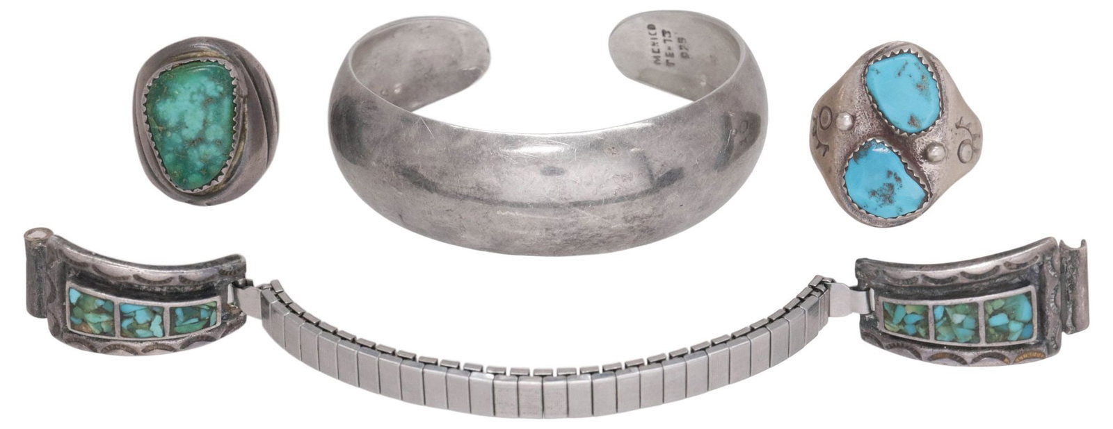 (4) MEXICAN TAXCO STERLING & SOUTHWEST STYLE SILVER JEWELRY: (lot of 4) Mexican and Southwest style silver jewelry, including: (1) Taxco sterling cuff bracelet, hallmarked 925, stamped TE-13, approx 0.75"w, interior: approx 5.5"l, gap: approx 5/8"w; (1) watch b