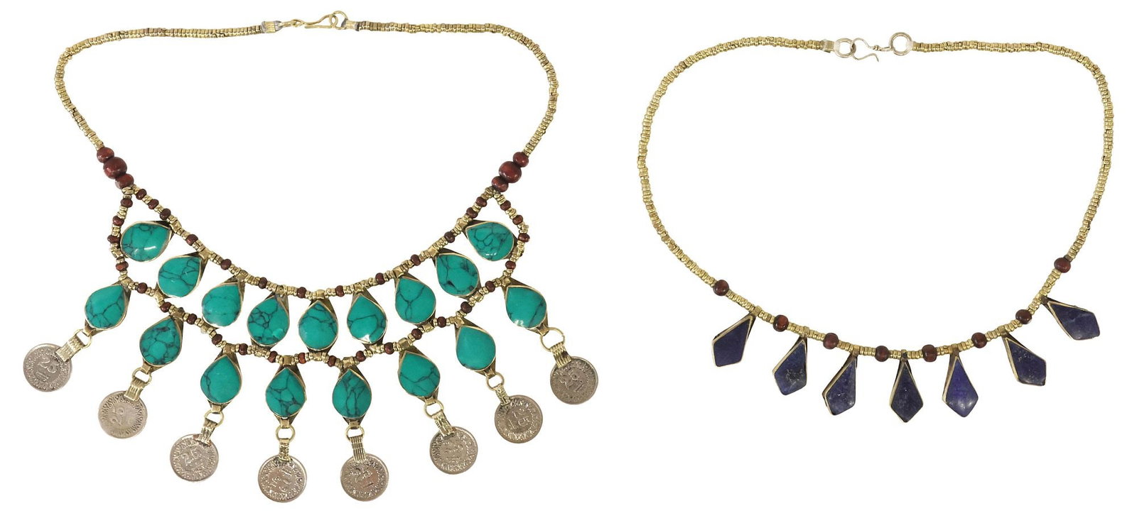 (2) TRIBAL BEDOUIN STYLE LAPIS, GREEN STONE, & PAISA COIN BEADED NECKLACES (1 of 5)