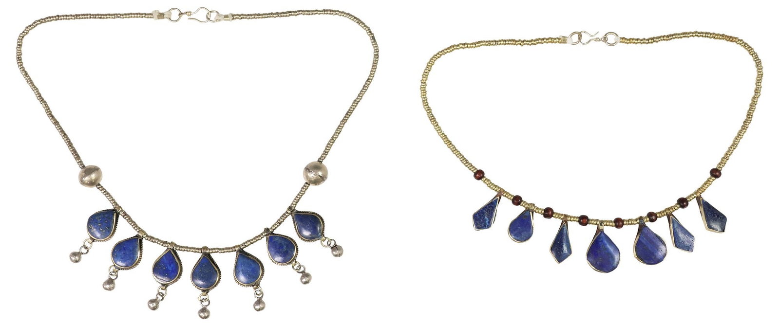 (2) TRIBAL BEDOUIN STYLE LAPIS LAZULI & TONED METAL BEADED NECKLACES: (lot of 2) Bedouin style two-toned metal necklaces, likely Afghanistan, each on beaded strands, with seven lapis lazuli teardrop and diamond-shaped pendants in bezel settings, hook and eye clasps, (on