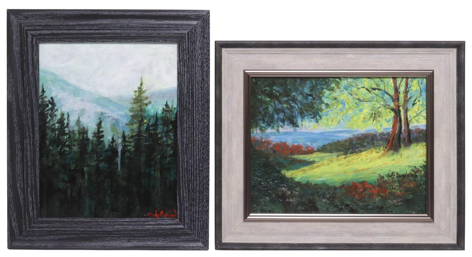 (2) JUDY COPELAND (B.1943) PAINTINGS, 'MOUNTAIN MIST' & 'LANDSCAPE': (lot of 2) Framed acrylic on canvas paintings, each signed lower right Judy Copeland (Louisiana, Texas, b.1943), titled on artist's label verso, including: (1) "Mountain Mist," sight: approx 9.25"h, 7