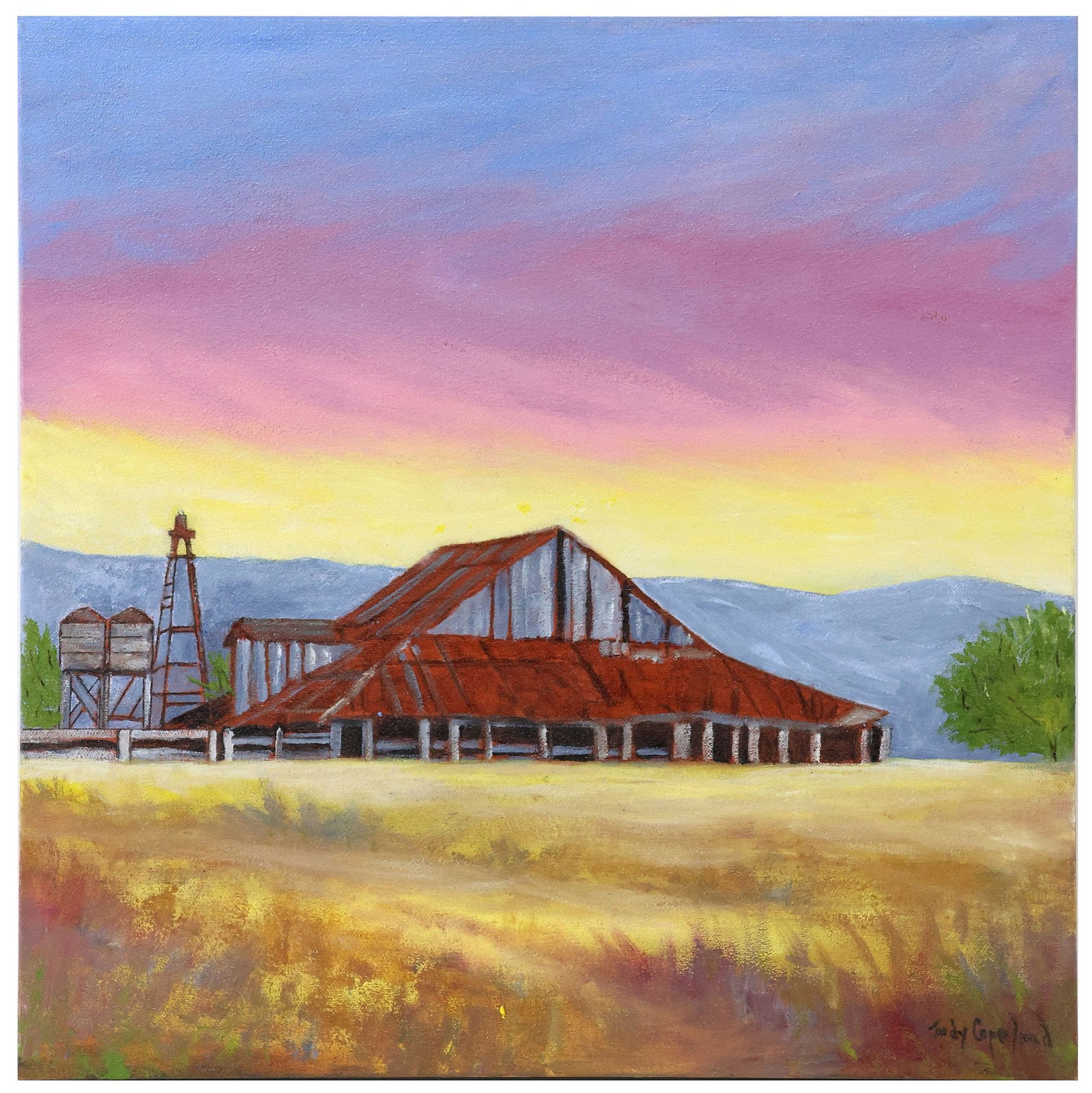 JUDY COPELAND (B.1943) ACRYLIC PAINTING, 'OLD BARN': Gallery-wrapped acrylic on canvas painting, "Old Barn," signed lower right Judy Copeland (Louisiana, Texas, b.1943), titled and dated 2024 with additional artist's signature verso, after a photograph 