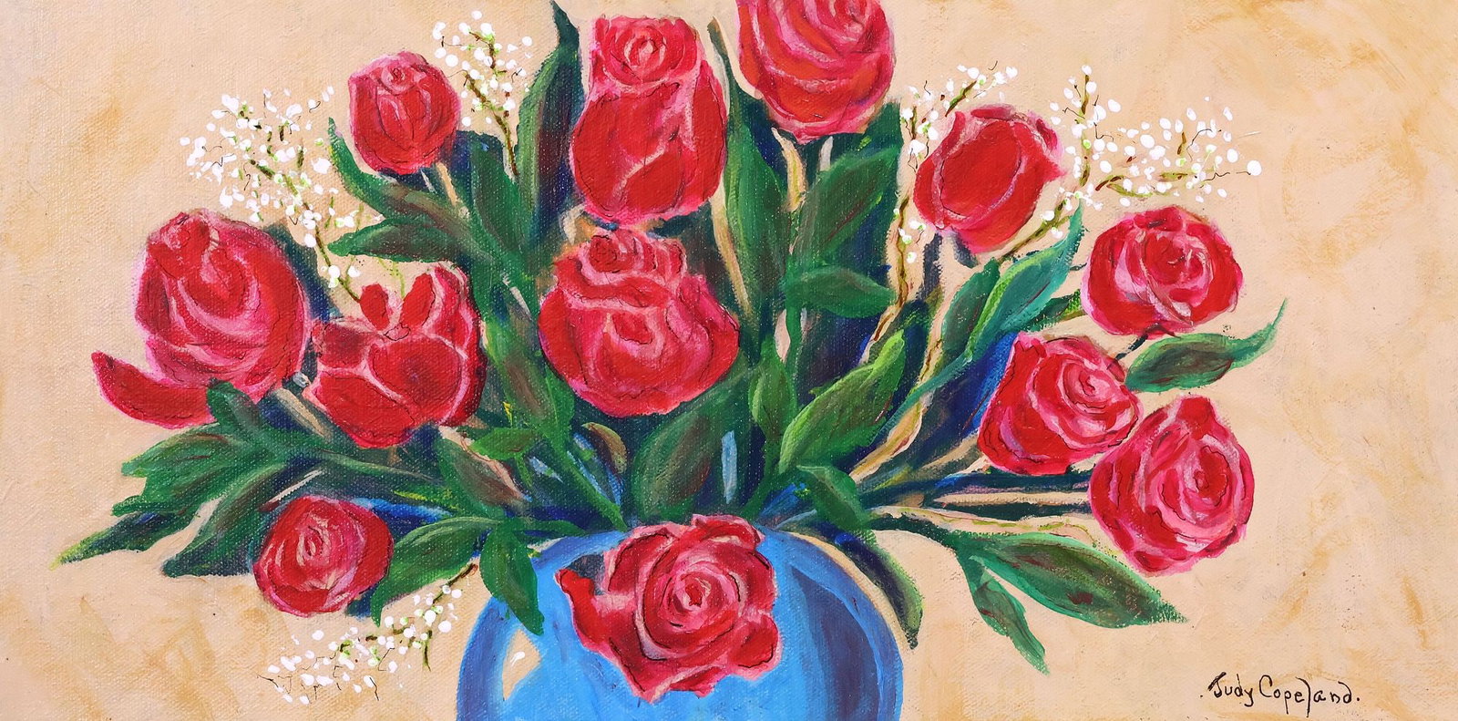 JUDY COPELAND (B.1943) ACRYLIC PAINTING, 'ROSES FOR YOU': Gallery-wrapped acrylic on canvas painting, "Roses for You," signed lower left Judy Copeland (Louisiana, Texas, b.1943), titled on artist's label verso, approx 10"h, 20"w, 2lbs