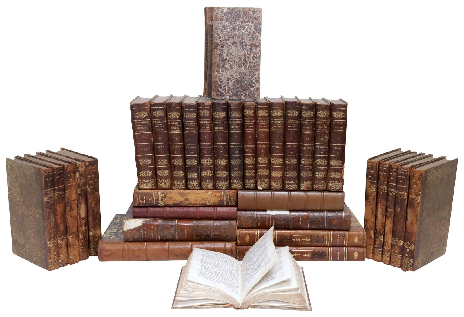(34) FRENCH LEATHER-BOUND LIBRARY SHELF BOOKS, RELIGION, LAW & REFERENCE (1 of 3)