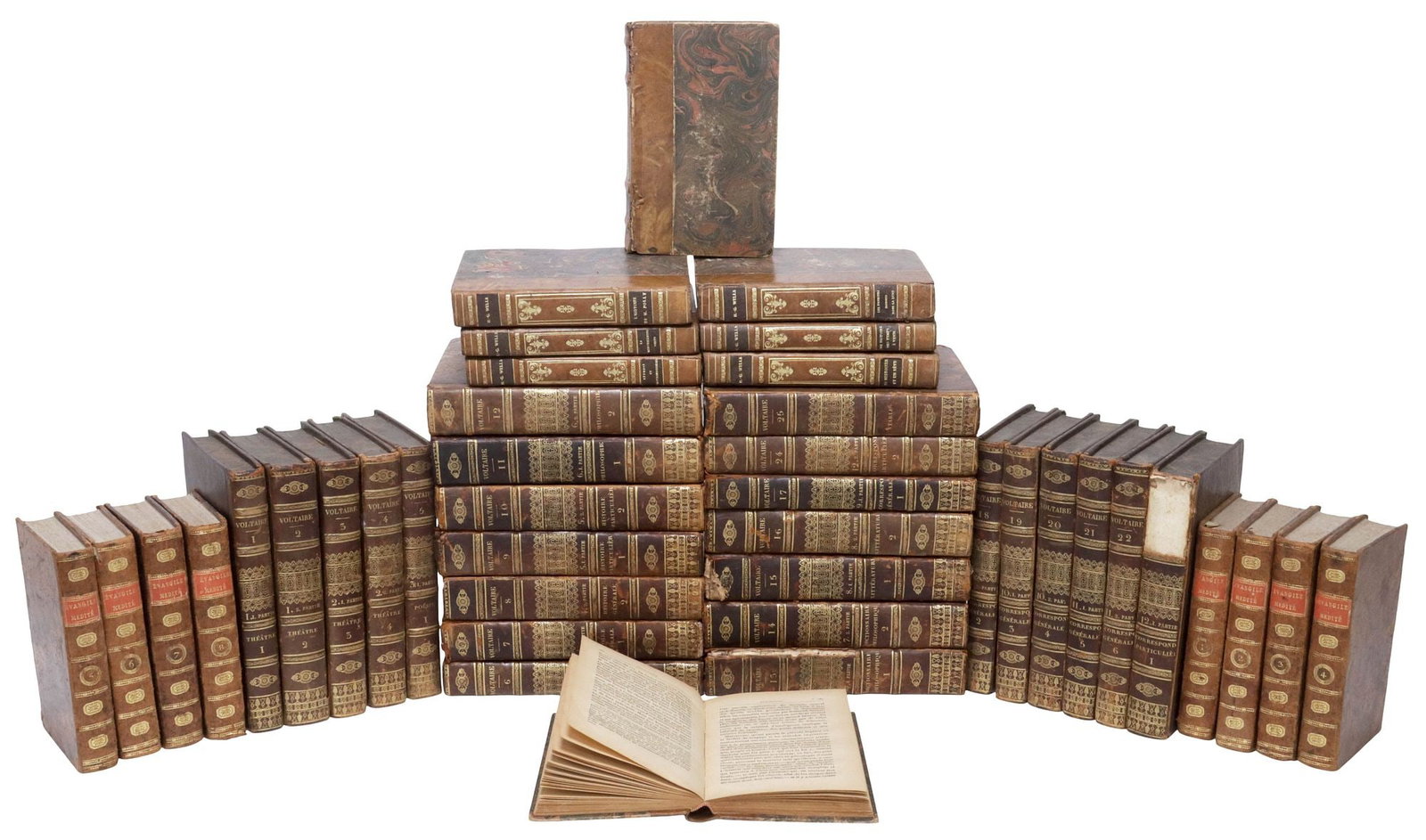 (41) FRENCH LEATHER-BOUND LIBRARY SHELF BOOKS, VOLTAIRE, H.G. WELLS & GOSPEL TOMES (1 of 4)