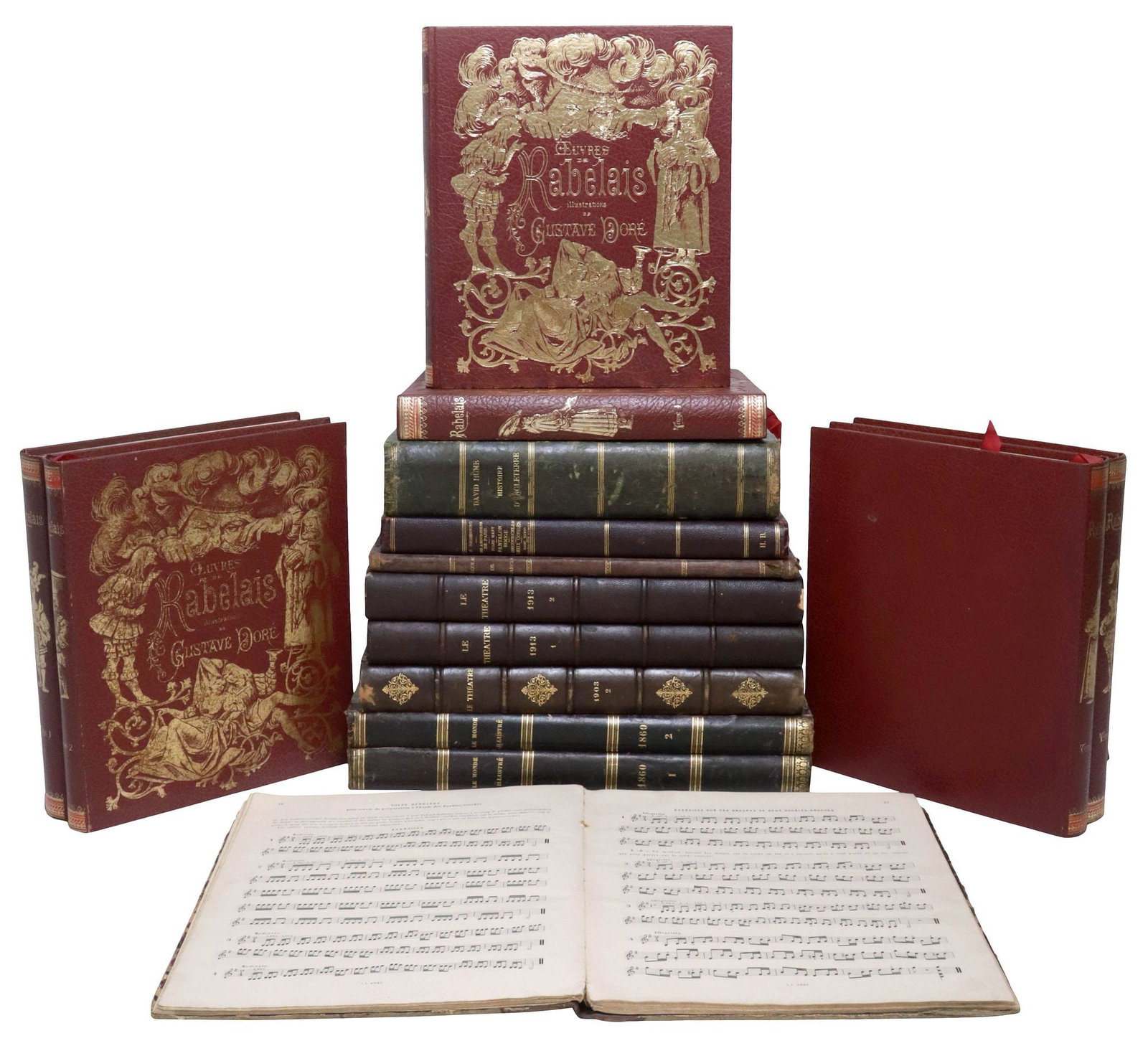 (14) FRENCH LEATHER-BOUND LIBRARY SHELF BOOKS, HISTORY, THEATER, & SATIRE (1 of 2)
