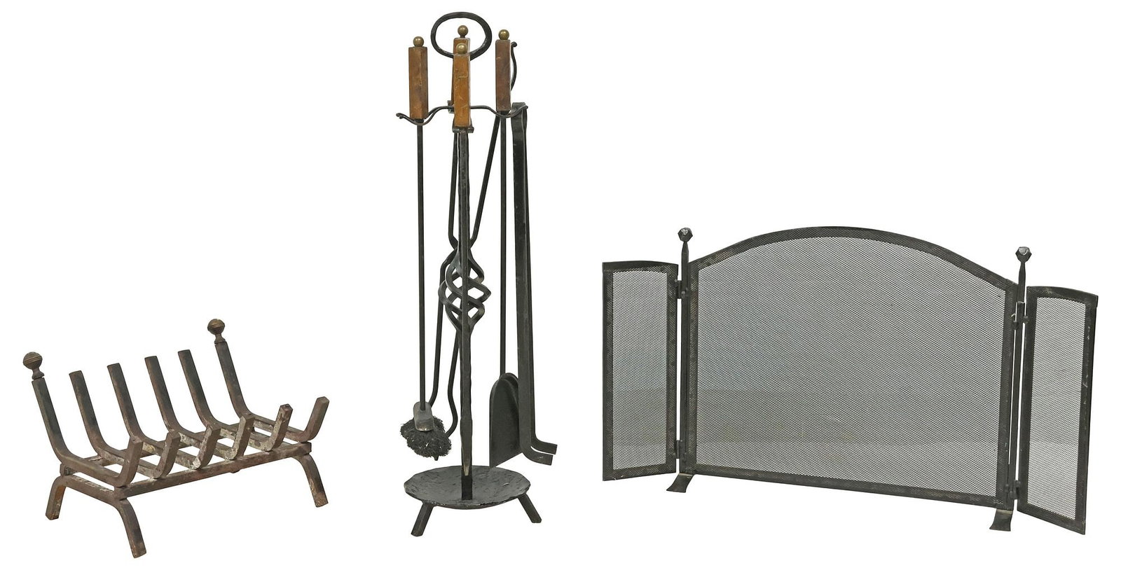 (LOT) ITALIAN WROUGHT IRON FIREPLACE SET, SCREEN, TOOLS & LOG BIN (1 of 4)