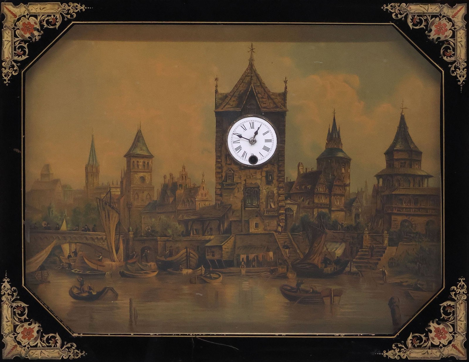 SHADOWBOX-FRAMED PRINT / BILDERUHR WITH CLOCK & MUSIC BOX: Shadowbox framed print/ Bilderuhr, European Harbor, central mounted clock dial, with exposed time movement and music box verso, both observed operating, sight: approx 19"h, 23.5"w, overall: approx 23.