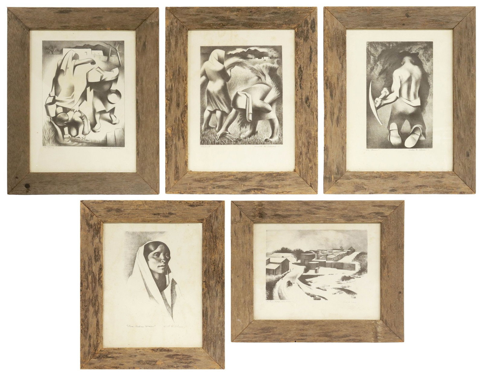 (5) AFTER KENNETH MILLER ADAMS (NEW MEXICO, 1897-1966) FRAMED PRINTS: (lot of 5) Framed offset lithographs on paper, each signed in print after Kenneth M. Adams (Kenneth Miller Adams, Kansas, New Mexico, 1897-1966), titled in print lower left, housed in a rustic wood fr