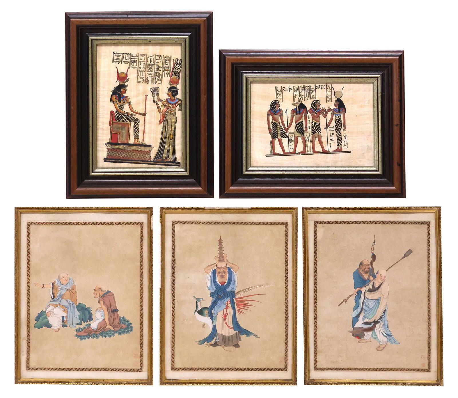 (5) FRAMED EGYPTIAN PAINTINGS ON PAPYRUS & CHINESE PORTRAITS: (lot of 5) Framed paintings, each behind glass, including: (3) Chinese School gouache paintings on rice paper, stamped seal lower right, (2) Egyptian School paintings on papyrus, retaining Delta Papyr