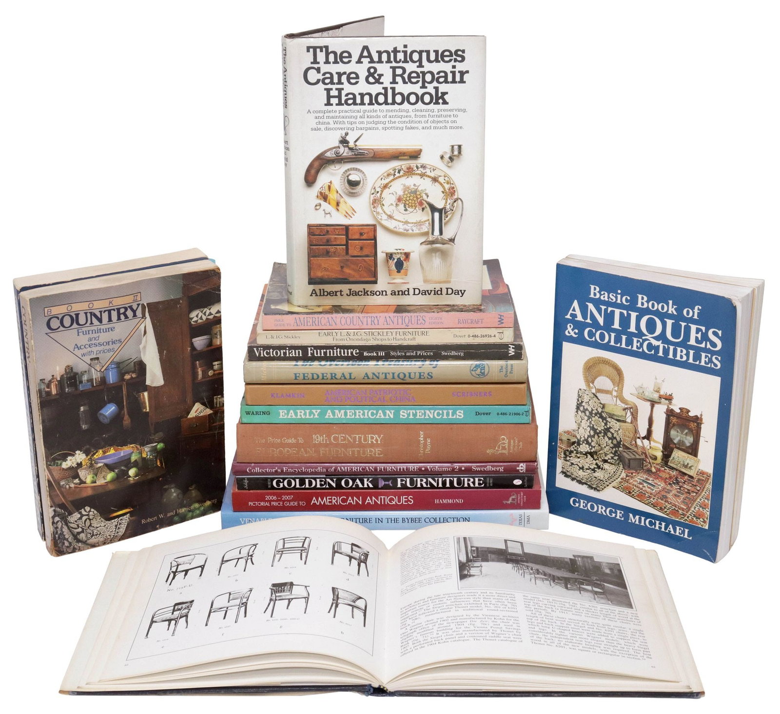 (17) REFERENCE BOOKS: AMERICAN FURNITURE & DECORATIVE ARTS: (lot of 17) Books: various American furniture and decorative arts reference materials, including: (1) Golden Oak Furniture with Details and Prices, (1) Thonet: 150 Years of Furniture, (1) Wallace-Home