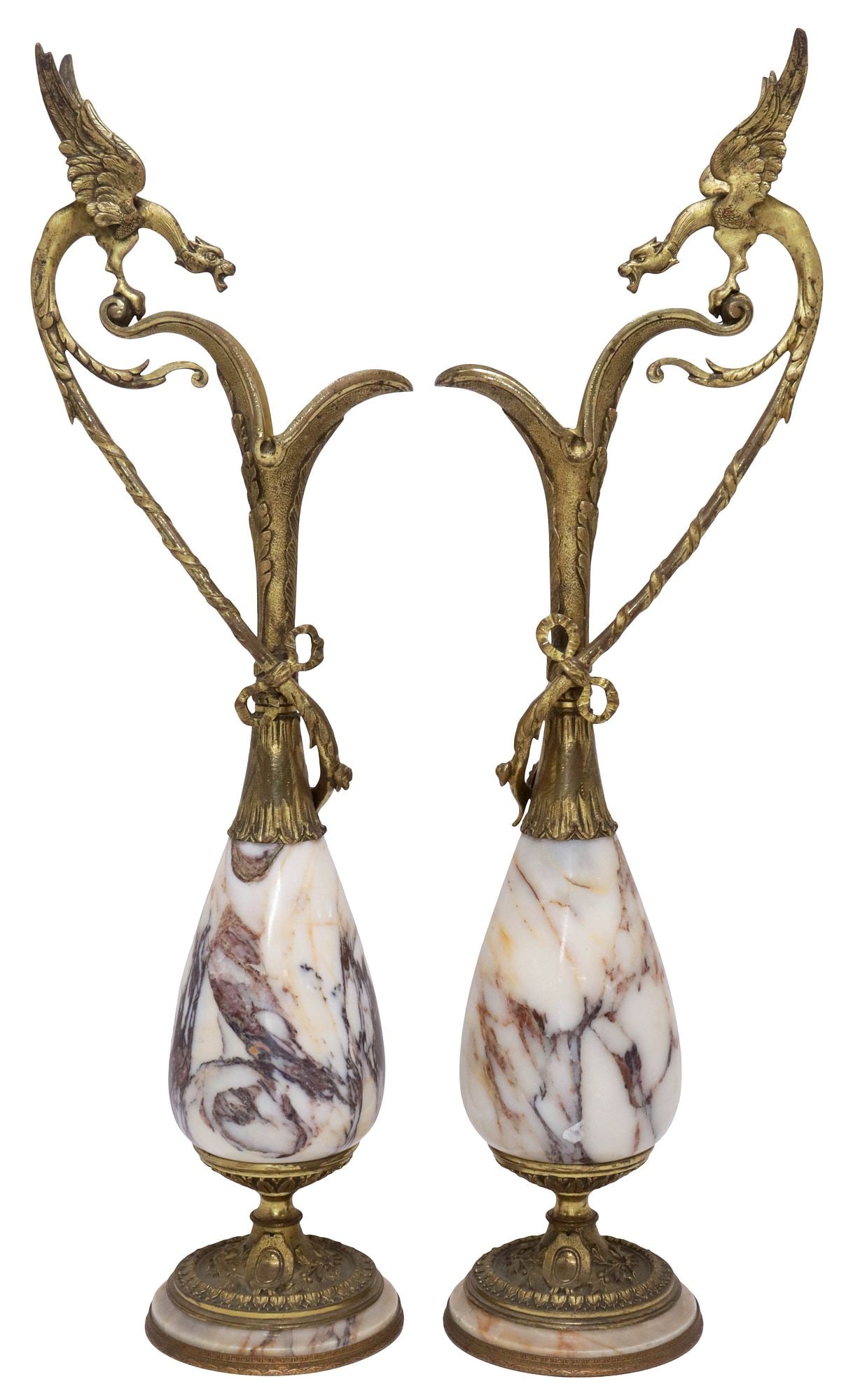 (2) FRENCH NEOCLASSICAL STYLE BRONZE-MOUNTED MARBLE EWERS: (pair) French Neoclassical style bronze-mounted variegated marble ewers, 19th c., each having scrolled handle topped by a winged griffin, over bulbous body, rising on circular foot, approx 23.5"h, 7.5