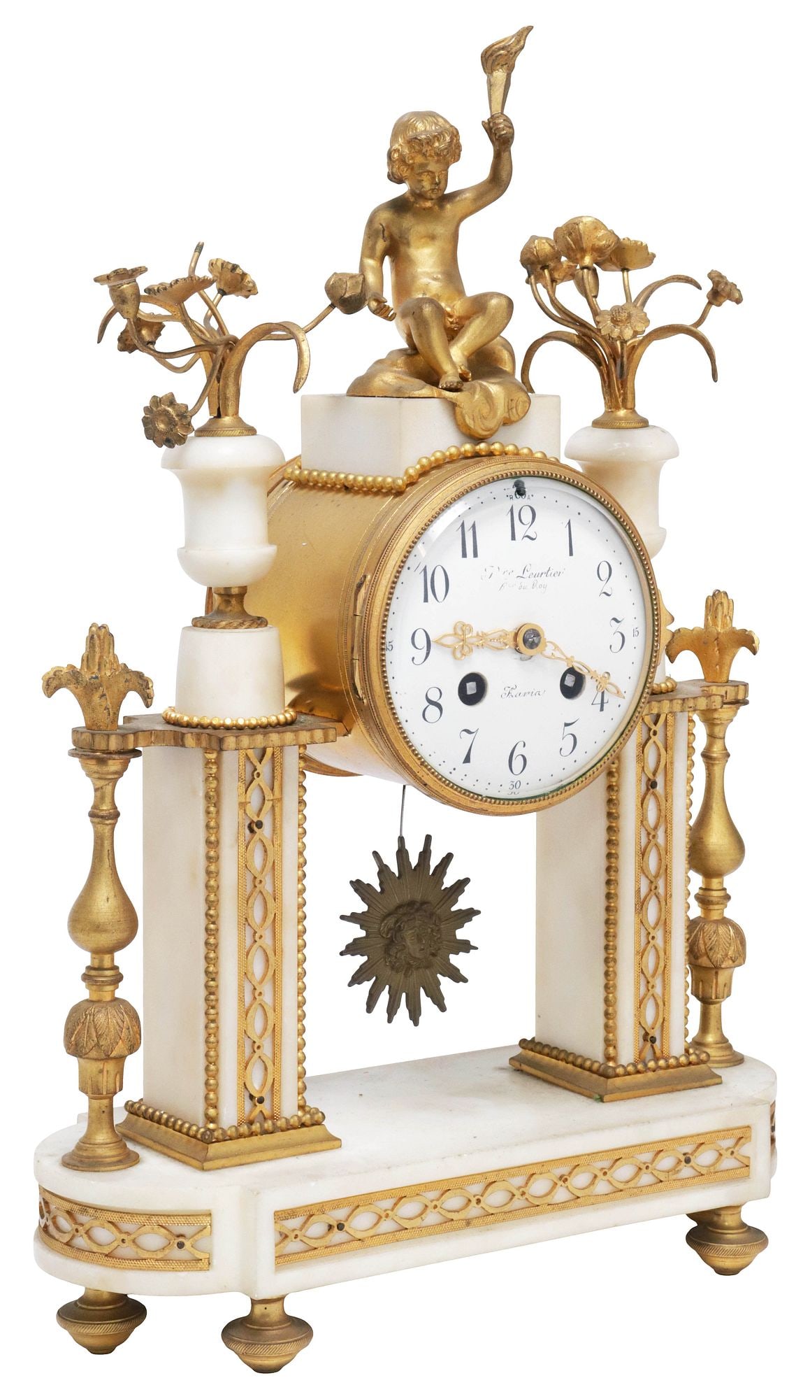 FRENCH PIERRE LEURTIER LOUIS XVI STYLE ALABASTER & GILT-METAL MANTEL CLOCK: French Louis XVI style gilt-metal and alabaster mantel clock, late 19th c., surmounted by a seated cherub and flowering urns, porcelain dial with Arabic hour markers, time-and-strike movement with sil