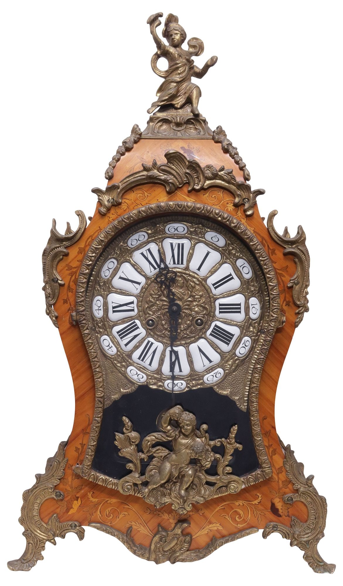 FRENCH LOUIS XV STYLE MARQUETRY-INLAID BOMBE MANTEL CLOCK (1 of 7)