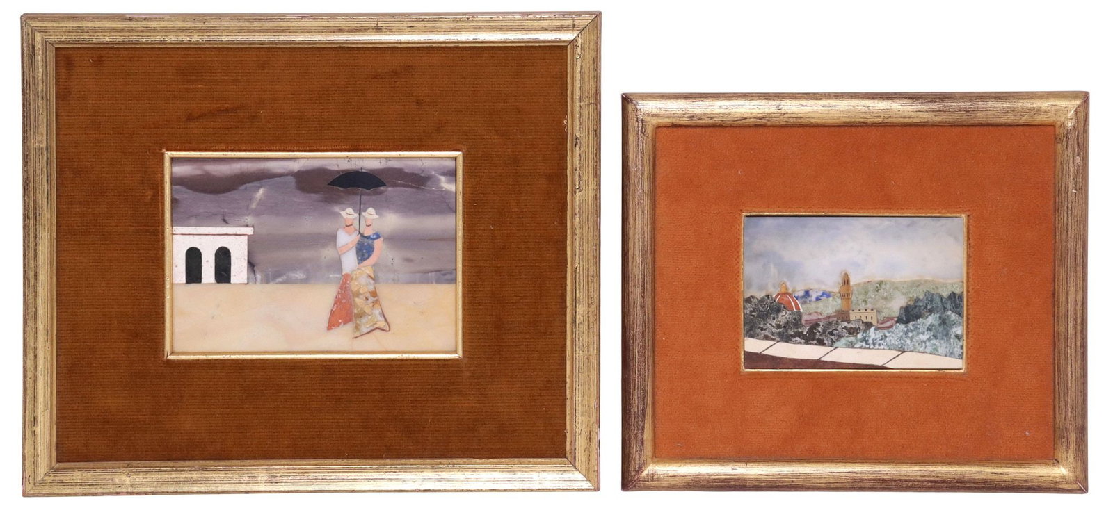 (2) FRAMED PIETRA DURA MARBLE INLAID PLAQUES: (lot of 2) Framed pietra dura marble inlaid plaques, (1) depicting Italian village landscape sight: approx 3"h, 4"w, overall: approx 7.25"h, 8.25"w, (1) depicting couple holding umbrella, sight: appro