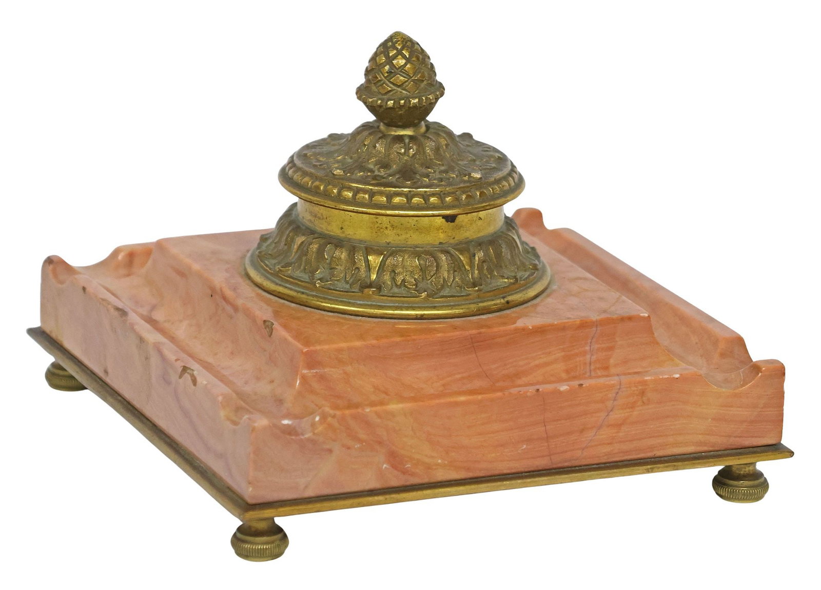 FRENCH LOUIS XVI STYLE MARBLE & GILT-METAL INKWELL: French Louis XVI style marble and gilt-metal inkwell, 20th c., central hinged ink compartment with acanthus foliates and pineapple finial, square base with pen receptacles, rising on bun feet, minor c