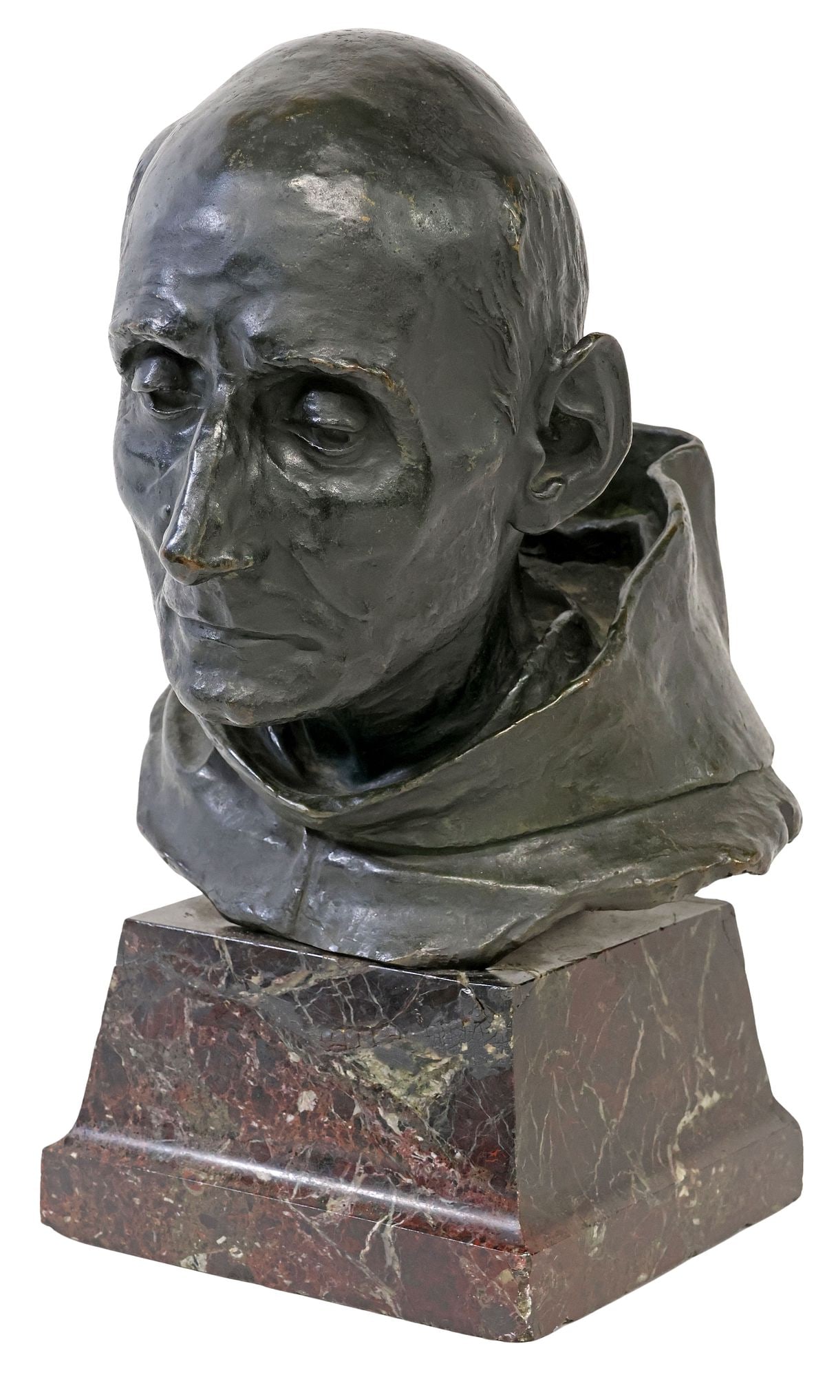 PATINATED BRONZE SCULPTURE ON MARBLE PLINTH, BUST OF A MAN IN HOOD (1 of 5)