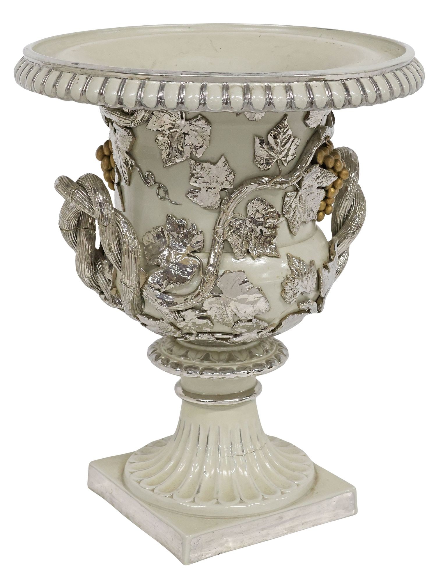 CLASSICAL STYLE SILVER & GILT LUSTREWARE HANDLED CAMPANA URN: Classical style silver lustre stoneware urn, campana-form body with raised foliate vines and parcel-gilt grape clusters, with twisted vine handles, rising on integral fluted socle and square base, rai