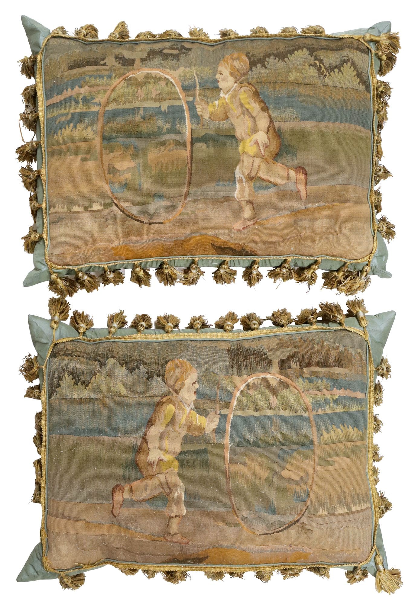 (2) CUSTOM AUBUSSON STYLE ANTIQUE FIGURAL TAPESTRY DOWN-FILLED THROW PILLOWS (1 of 2)