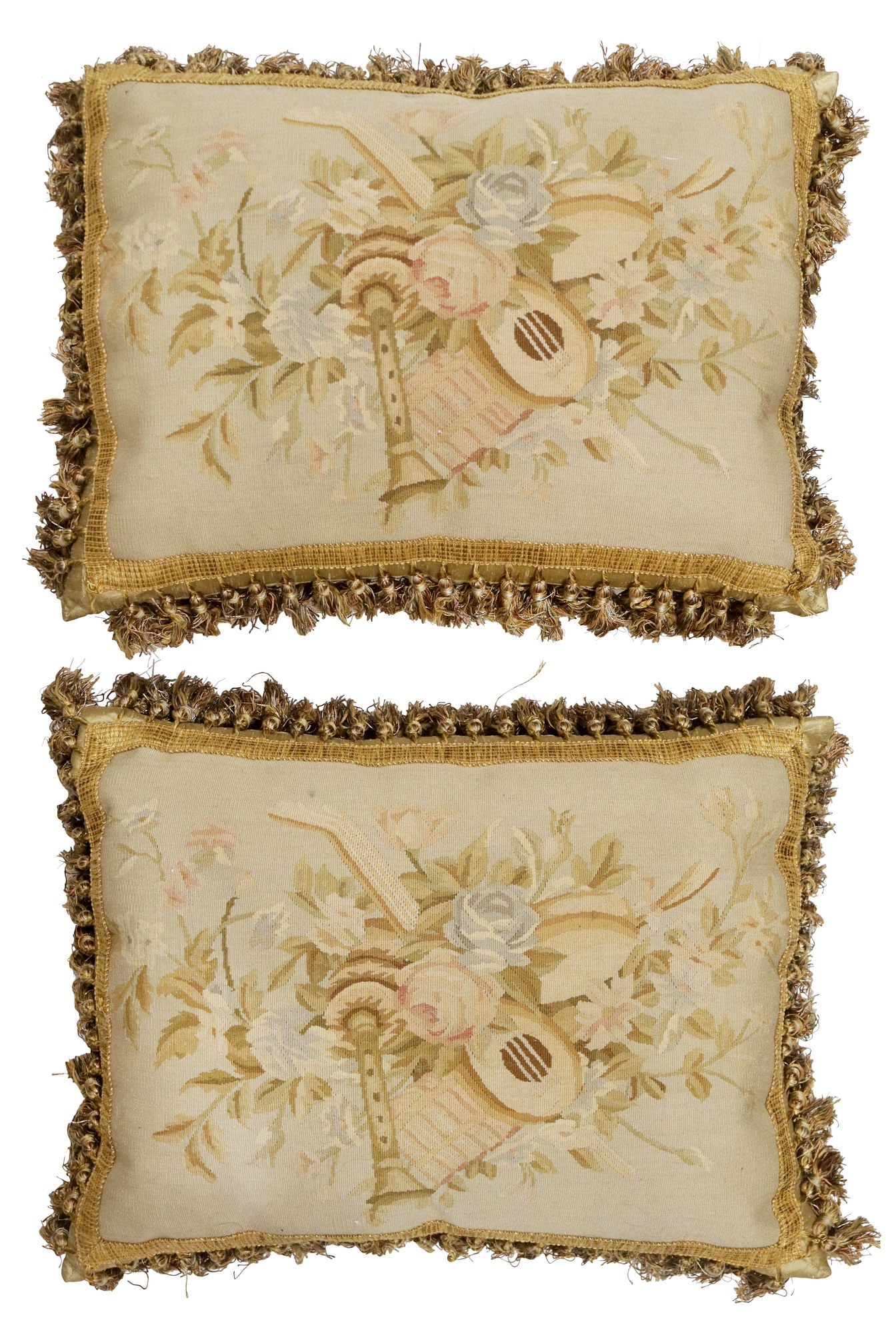 (2) CUSTOM AUBUSSON STYLE ANTIQUE TAPESTRY-UPHOLSTERED THROW PILLOWS (1 of 2)
