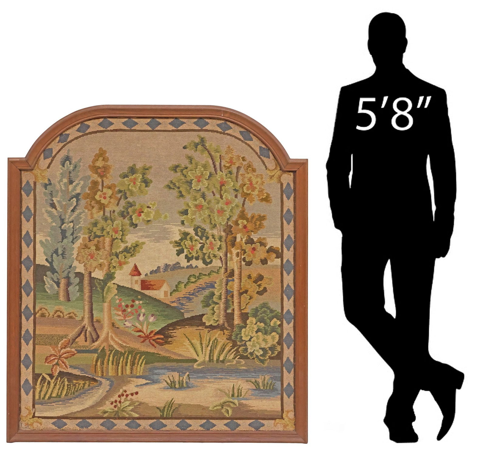 FRAMED VICTORIAN NEEDLEPOINT TAPESTRY, PROVINCIAL LANDSCAPE, 53" X 46.5": Framed Victorian needlepoint embroidery picture, late 19th c., depicting a Provincial hillside landscape with architectural facade, geometric diamond trim, small losses to stitched fibers along edges,
