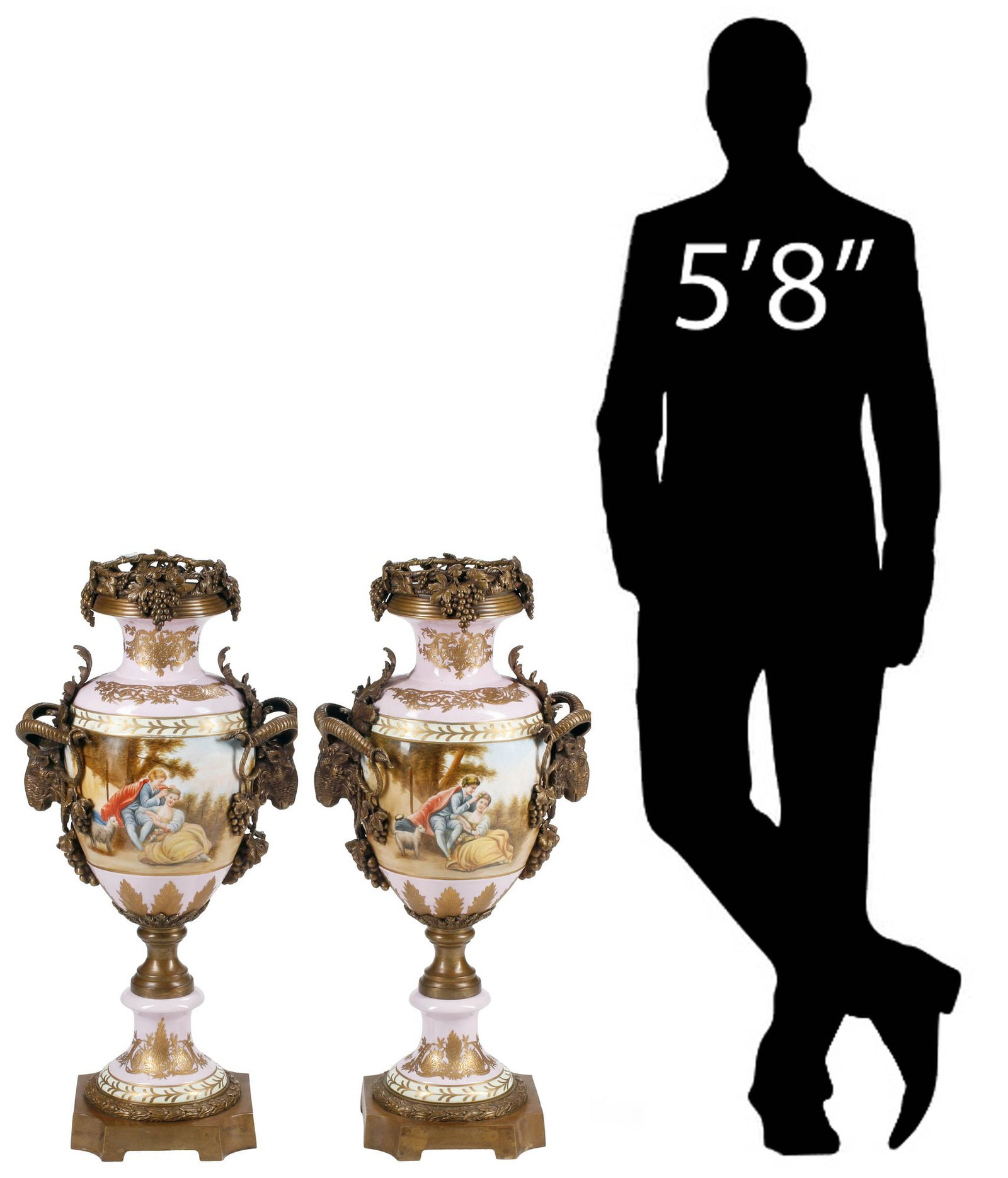 (2) LARGE SEVRES STYLE RAM'S HEAD MOUNTED PORCELAIN VASES, 36"H: (pair) Large Sevres-style parcel-gilt porcelain vases, each having dual ram's head handles and Bacchanalian grape vine motifs, centering reserves with courting couples, on shaped base, approx 36"h, 17