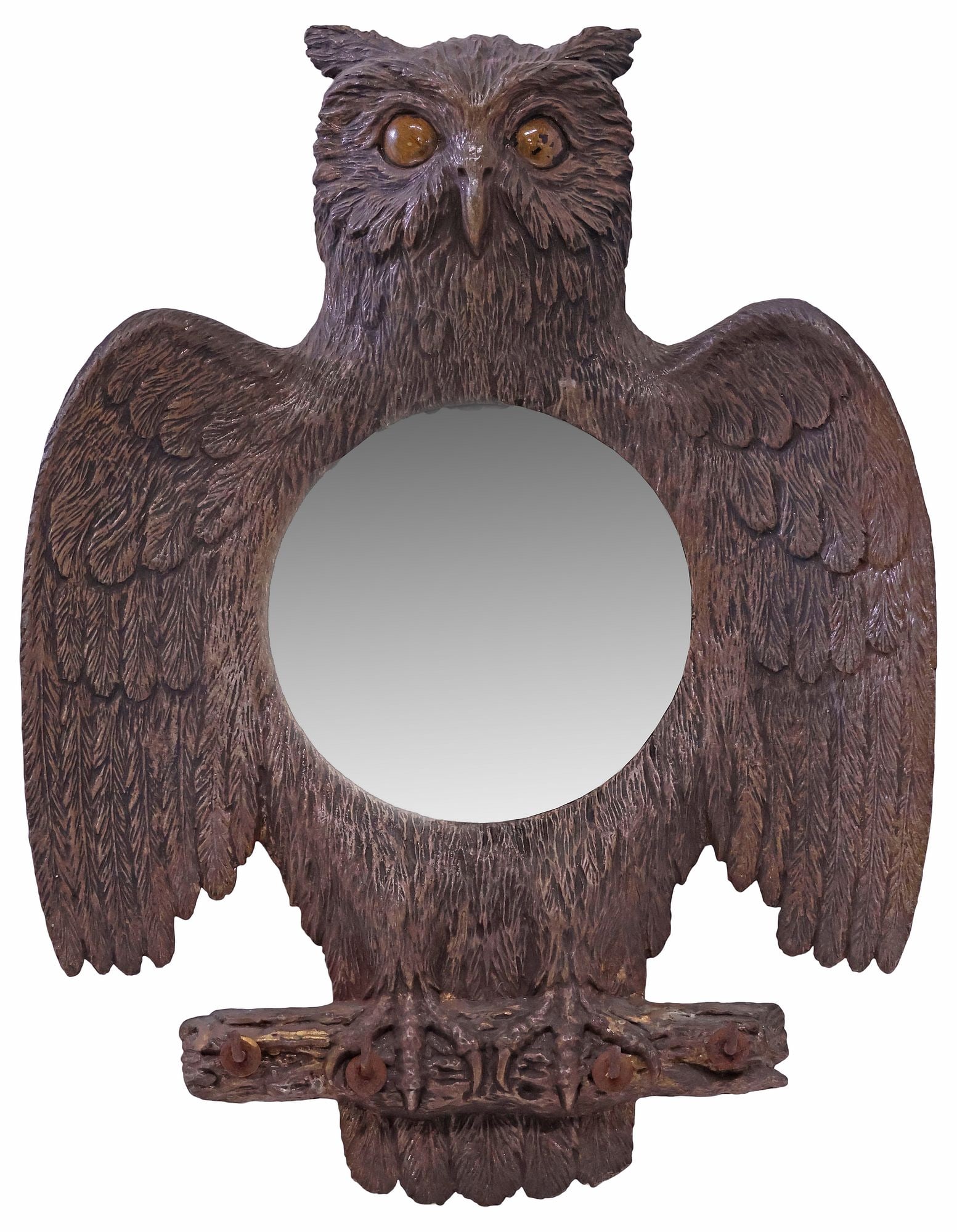 FRENCH OWL-FORM CONVEX WALL MIRROR WITH HOOKS: French figural owl-form cast composite wall mirror, 20th c., winged bird with yellow eyes, centering convex mirror plate, over four metal hooks, marked Made in France, approx 15"h, 11"w, 1.5lbs