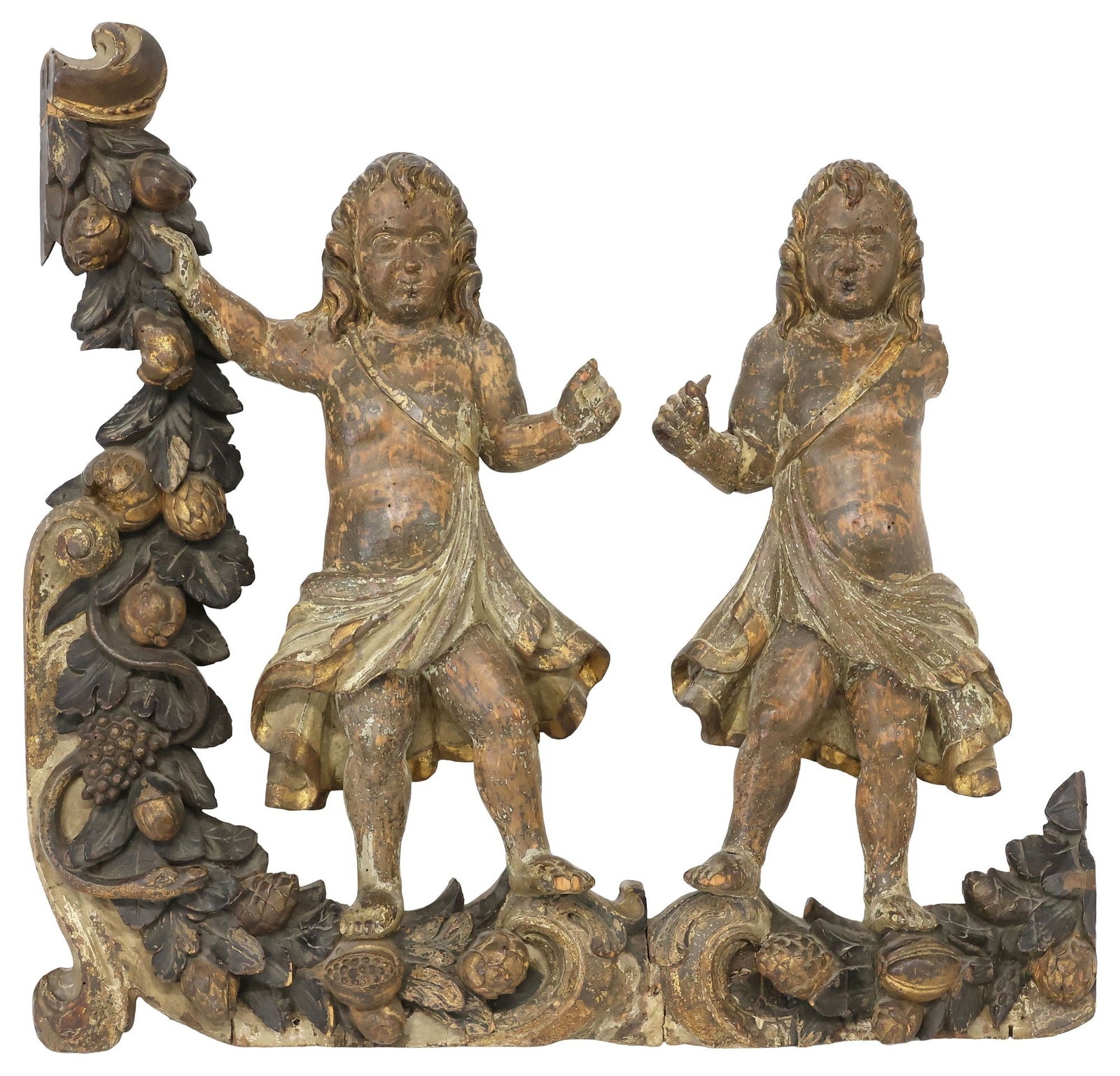 FRENCH CARVED WOOD CHERUBS IN GARDEN ARCHITECTURAL ELEMENT, 17TH C. (1 of 6)