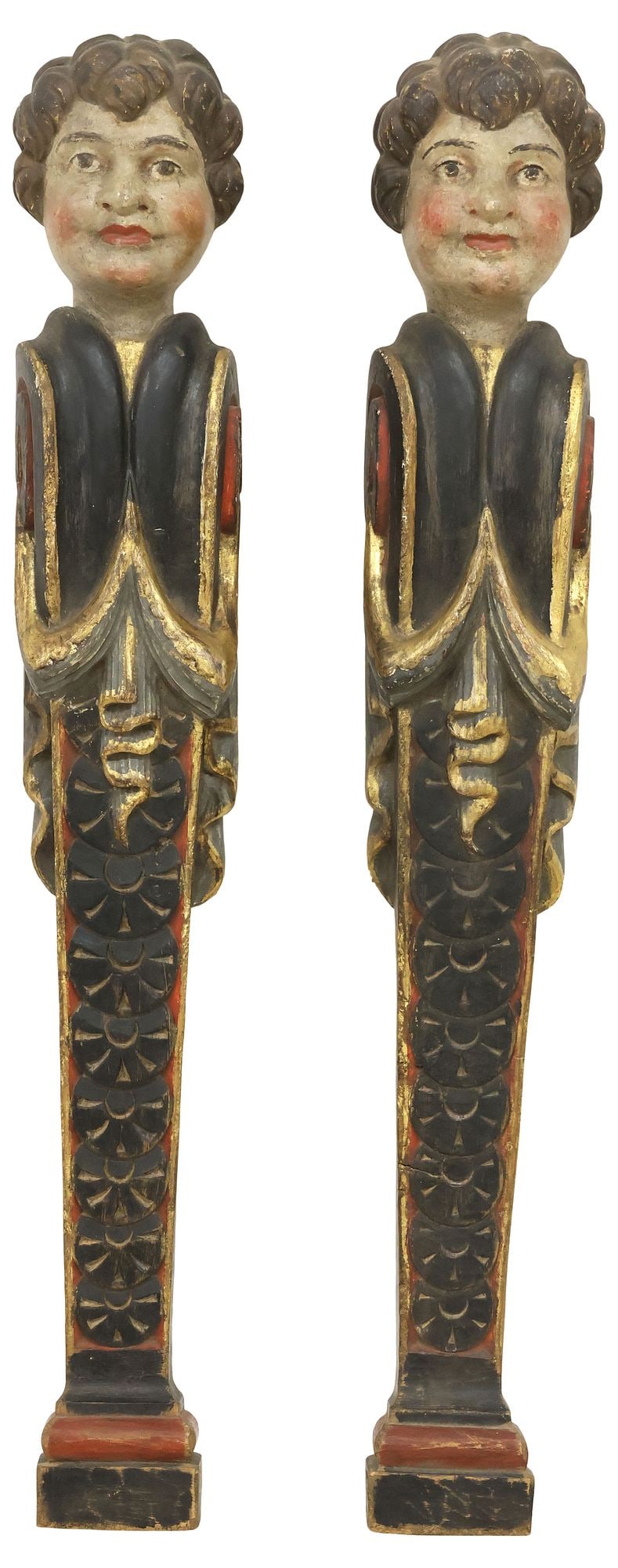 (2) BAROQUE STYLE PARCEL-GILT & PAINTED FIGURAL ARCHITECTURAL PILASTERS: (pair) Continental Baroque style paint-decorated wood architectural pilasters or atlantes, in the manner of Meinrad Guggenbichler (Swiss, 1649-1723), early 20th c., each surmounted by the head of a bo