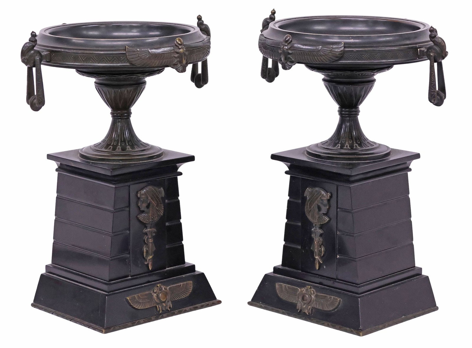 (2) EGYPTIANESQUE GRAND TOUR STYLE PATINATED BRONZE & SLATE TAZZAS (1 of 5)