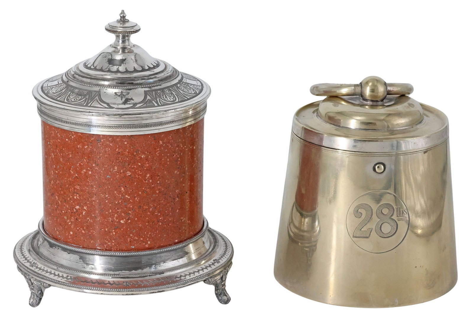 (2) ENGLISH SILVERPLATE & GRANITE BISCUIT BARRELS, 1 HODD & LINLEY: (lot of 2) English silverplate biscuit barrels, including: (1) Richard Hodd and William Linley, London, in the form of a twenty-eight pound weight, having hinged cover with ring handle, body inscribed