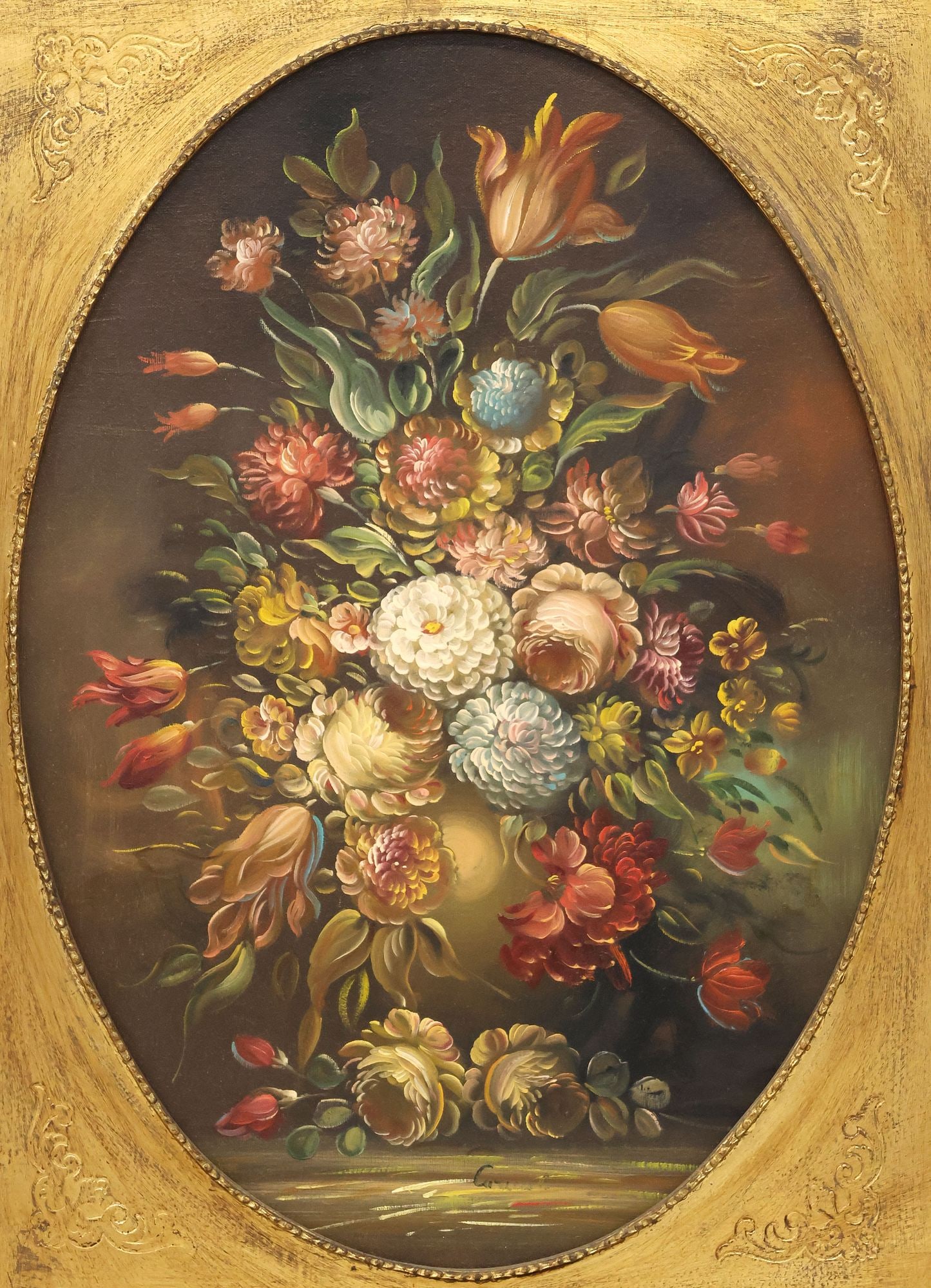 SIGNED CARMA ITALIAN SCHOOL OIL PAINTING, STILL LIFE WITH FLOWERS: Framed oil on canvas painting, Still Life with Flowers, signed lower center Carma (Italian, 20th c.), retaining certificate of authenticity issued by Galleria Imperiale, Genova verso, sight: approx 27