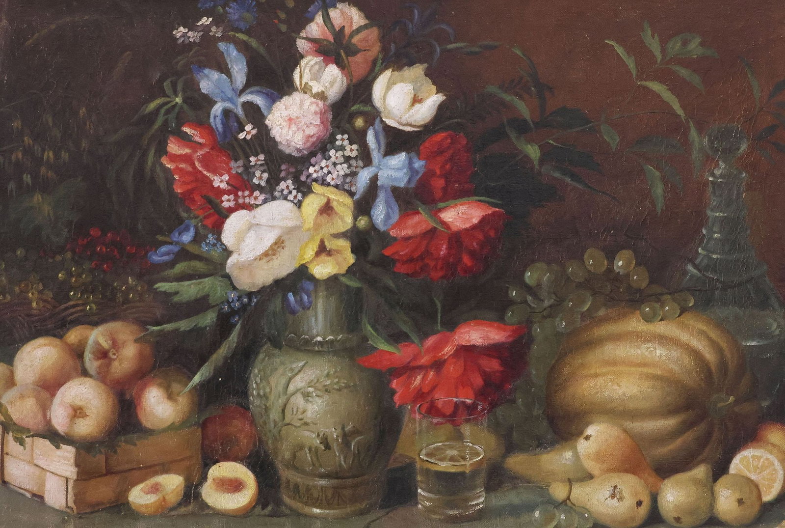 FRENCH SCHOOL OIL ON CANVAS PAINTING, STILL LIFE WITH FRUIT & FLOWERS: Unframed French School oil on canvas painting, Still Life with Fruit and Flowers, apparently unsigned, unknown adhesive tape affixed to each side of canvas, overall: approx 21 1/8"h, 31"w, 2.25lbs