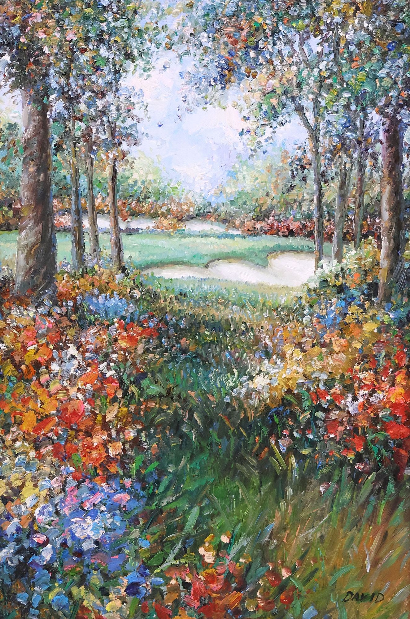 SIGNED DAVID IMPRESSIONIST STYLE PAINTING, FLOWER MEADOW, 36" X 24": Framed oil on canvas painting, Impressionist Style Meadow Landscape, signed lower right David (20th c.), sight: approx 35.5"h, 23.5"w, overall: approx 48"h, 36"w, 22lbs
