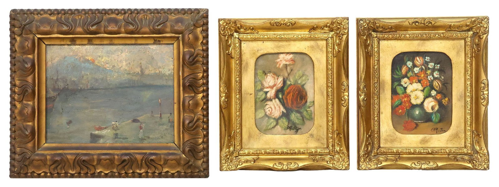 (3) PETER RUTA (1918-2016) FLORAL STILL LIFE PAINTINGS & OTHER ITALIAN SEASCAPE: (lot of 3) Framed Italian School oil paintings, including: (2) on canvas, signed lower right P. Ruta (Peter Ruta, German, active in Italy and New York, 1918-2016), (one) Still Life with Roses, (one) F