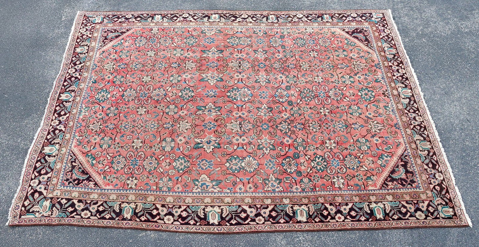 ESTATE HAND-TIED MAHAL RUG, 12'8" X 9'7": Estate hand-tied Mahal rug, central small area of loss and stitched restoration, approx 12'8"l, 9'7"w **Please Note: All of the rugs offered in this auction would likely benefit from a professional cl