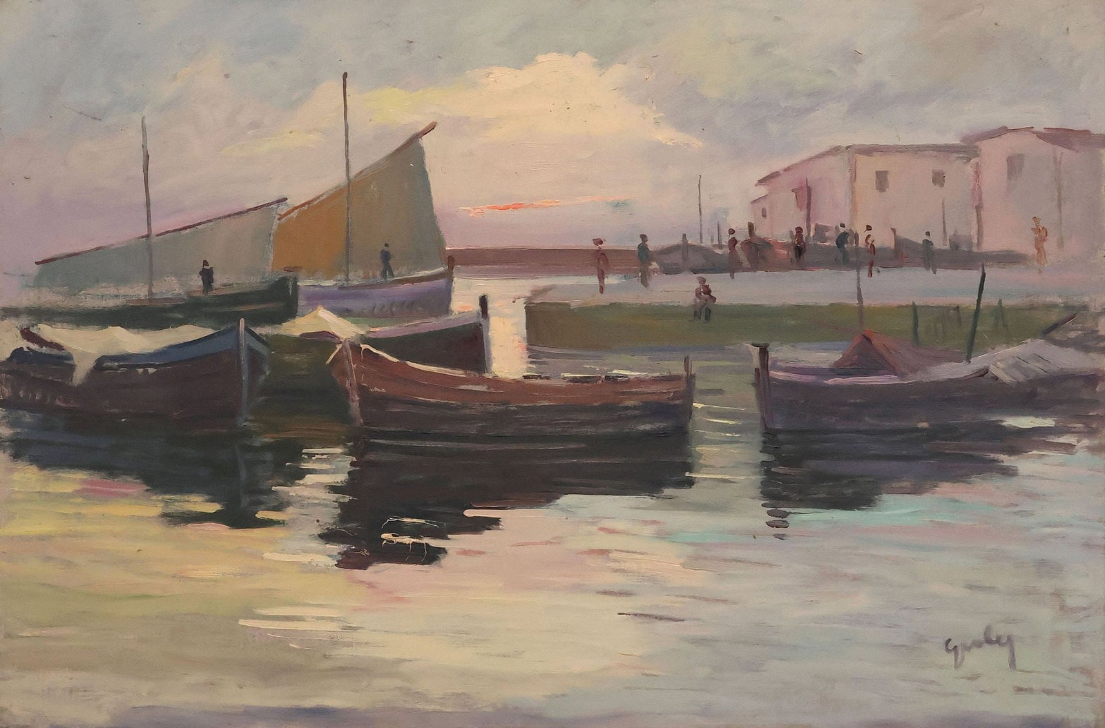 SIGNED ITALIAN SCHOOL SEASCAPE PAINTING, HARBOR SCENE, 31.5" X 47": Framed Italian School oil on canvas painting, Harbor Scene with Boats, signed lower right Gioly?, sight: approx 31.25"h, 47"w, overall: approx 55.25"h, 39.5"w, 11lbs **Note: one of a near-pair offered