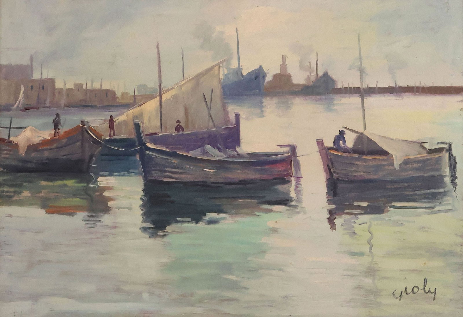 SIGNED ITALIAN SCHOOL SEASCAPE PAINTING, SAILBOATS IN MARINA, 31.5" X 47": Framed Italian School oil on canvas painting, Sailboats at the Marina, signed lower right Gioly?, sight: approx 31.25"h, 47"w, overall: approx 55.25"h, 39.5"w, 11lbs **Note: one of a near-pair offered