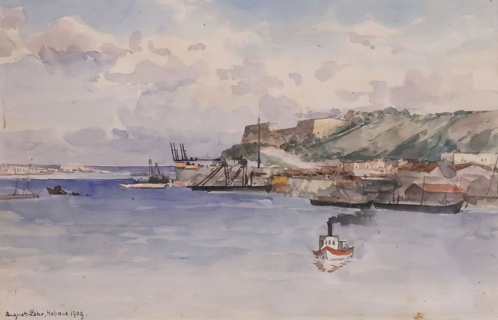 AUGUST LOHR (1843-1919) WATERCOLOR PAINTING, HABANA HARBOR LANDSCAPE: Framed watercolor on paper painting, Habana, Cuba, signed lower left August Lohr (German-American, 1843-1919), titled and dated 1909 lower left, overall spotting to sheet, pinhole in sky near center, 