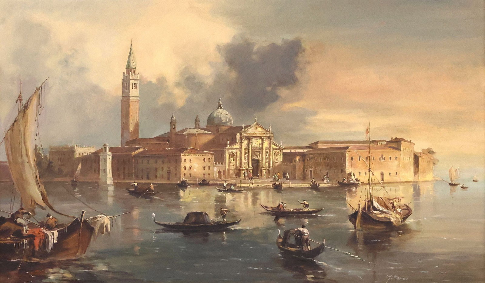 AFTER FRANCESCO GUARDI (ITALIAN, D.1793) PAINTING, 'SAN GIORGIO MAGGIORE, VENICE': Framed oil on canvas painting, "San Giorgio Maggiore, Venice," after Francesco Lazzaro Guardi (Italian, 1712-1793), signed lower right Gottardo (Italian, 20th c.), sight: approx 23"h, 38.5"w, overall: