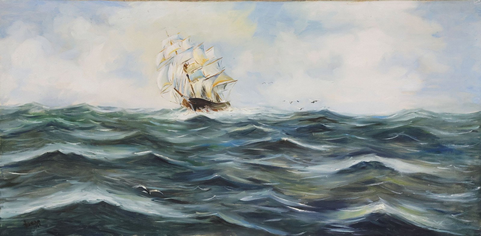 SIGNED ITALIAN SCHOOL PAINTING, SEASCAPE WITH SAILING SHIP, 23" X 47" (1 of 4)