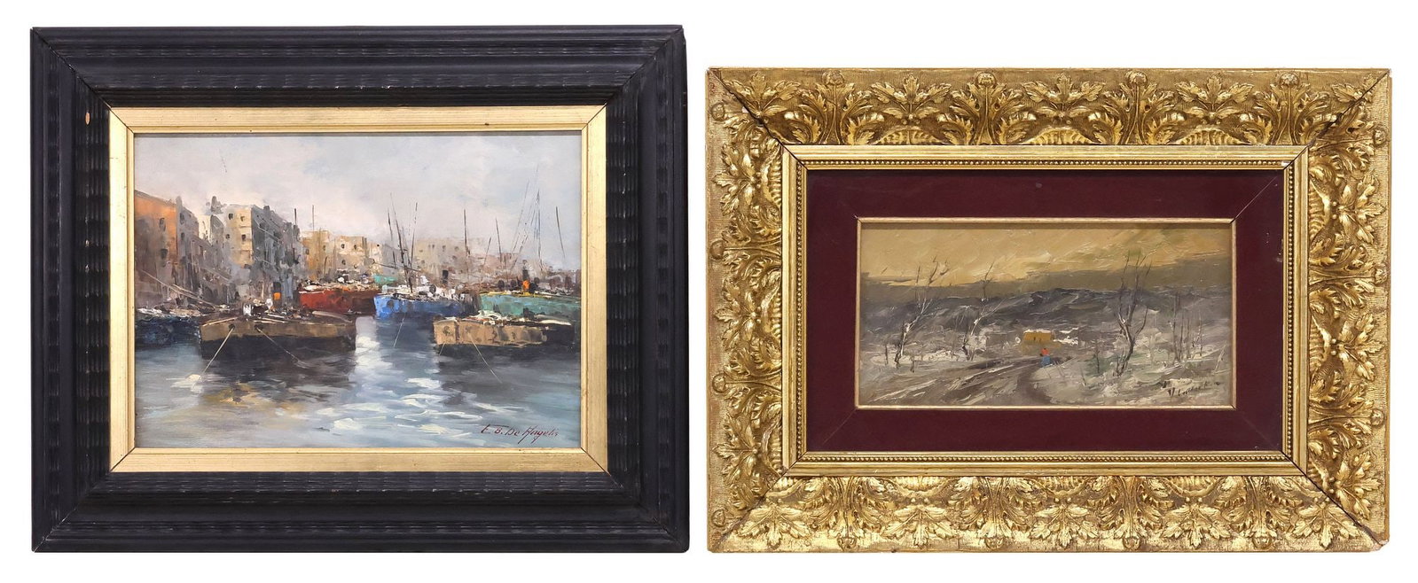 (2) VINCENZO LARICCHIA (D.2017) & ELETTRA BRIANTE (D.1999) ITALIAN PAINTINGS: (lot of 2) Framed oil on panel paintings, including: (1) "Nevicato (Snowed)," signed lower right V. Laricchia (Vincenzo Laricchia, Italian, 1940-2017), titled on Arte Antica e Moderna gallery label ve