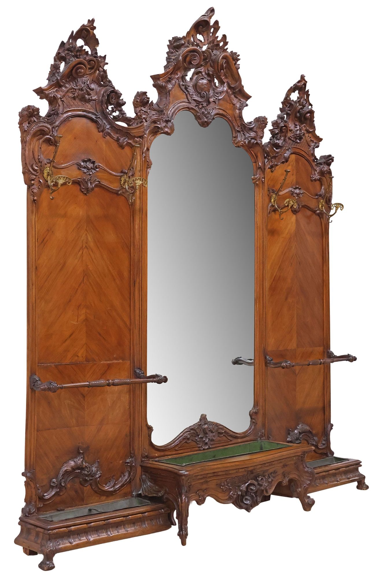 LARGE ITALIAN ROCOCO STYLE CARVED & MIRRORED WALNUT HALL TREE, 103"H (1 of 6)