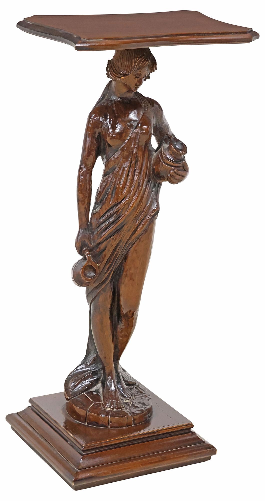 ITALIAN CARVED WALNUT FIGURAL PEDESTAL / PLANT STAND: Italian carved walnut figural pedestal/ plant stand, 20th c., having shaped top, above caryatid support, modeled as a female water bearer with urn and pitcher, rising on platform base, approx 33.5"h, 