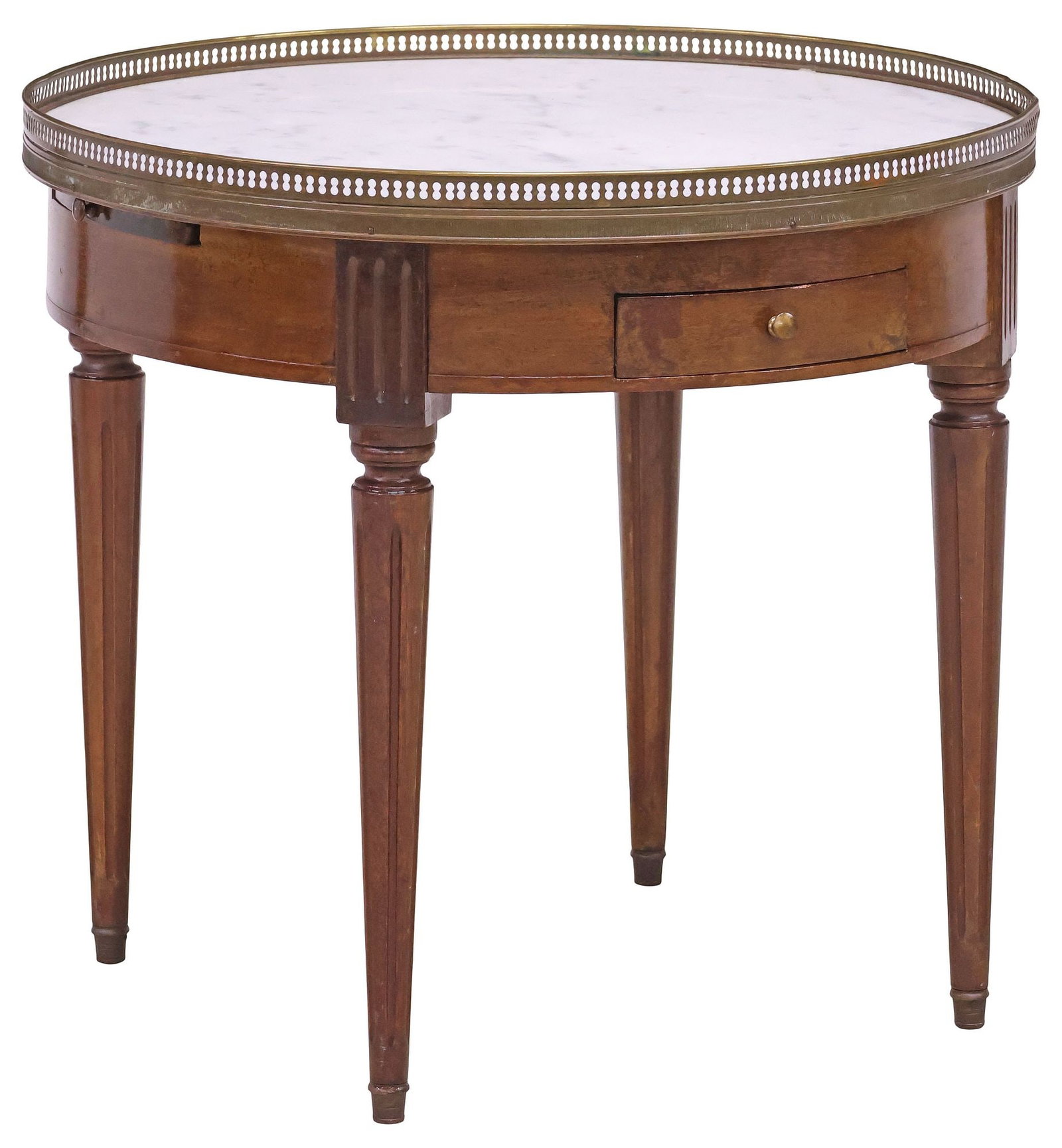 FRENCH LOUIS XVI STYLE MARBLE-TOP MAHOGANY LOW BOUILLOTTE TABLE: French Louis XVI style mahogany low bouillotte table, late 19th c., having inset marble top with pierced gilt-metal gallery, above two drawers and dual pull-out slides, each with inset leather surface