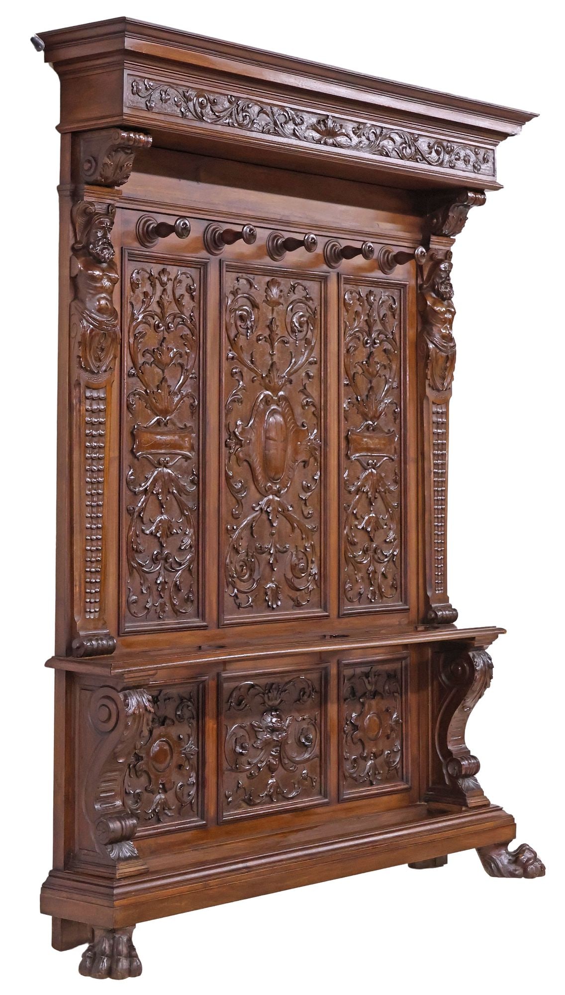 ITALIAN RENAISSANCE REVIVAL CARVED WALNUT HALL TREE, 86"H (1 of 7)